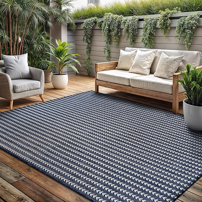 Washable Outdoor Rug 6x9 Modern Area Rugs Outdoor Carpets Striped Pattern Non Shedding Waterproof Easy Clean Patio Deck Porch Living Room Bedroom Garden RV (6 X 9 Navy)