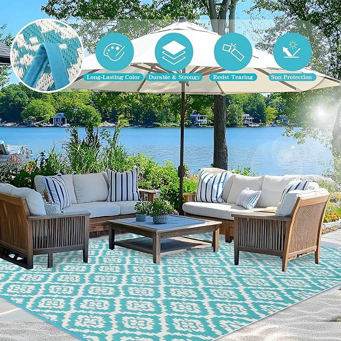 Wallona Outdoor Rugs 5x8 ft Patio Waterproof Clearance Indoor Outdoor Carpet for Patio Plastic Straw Reversible Area Rugs Mat for RV, Camping, Balcony, Beach, Picnic, Porch, Brick Teal & White
