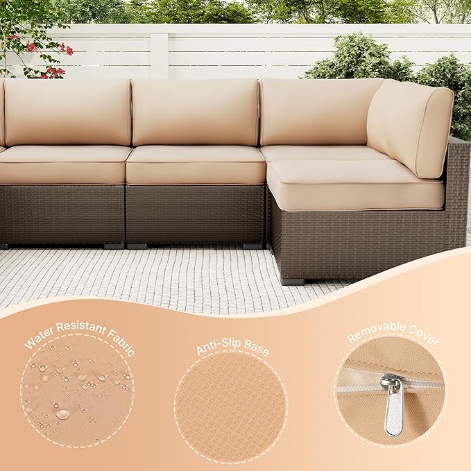 SUNCOZE 14-Piece Outdoor Cushions for Patio Furniture, 25.6"x25.6" Couch Cushion Replacement Designed for 6-Seat Sectional Sofa Sets, Anti-Slip Patio Cushions for Garden, Backyard, Porch (Khaki)