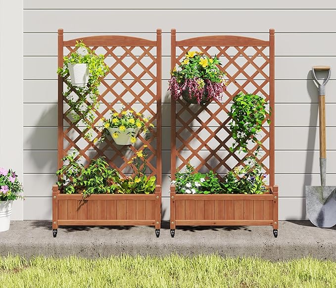 Raised Garden Bed with Trellis Set of 2, Outdoor Wood Planter Box & Plant Stand with Climbing Racks