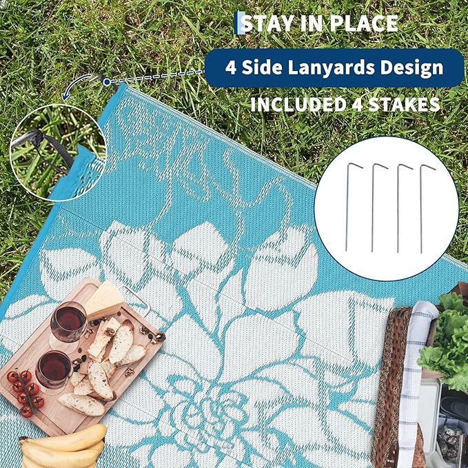 COZYLOOM Large Outdoor Rug 9x18 Waterproof Plastic Straw Rug, Reversible Patio Rugs Modern Floral Camping Mat with Portable Bag & Stakes, Foldable & UV Resistant, Outdoor Carpet for Yard Deck, Blue