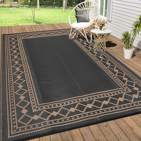Garvee Outdoor Rug 8x10, Patio Rug Waterproof Plastic Straw Waterproof Reversible Patio Mat, Plastic Straw Rug for RV, Camping, Deck, Balcony, Easy Clean & Portable,Dark Brown