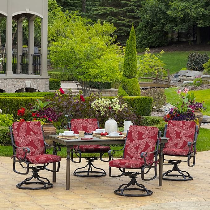 Arden 2-Pack Outdoor Patio Dining Chair Cushion, 20x44, Rain-Proof Seat Pad, Fade-Resistant Outdoor Cushion Red Leaf Palm