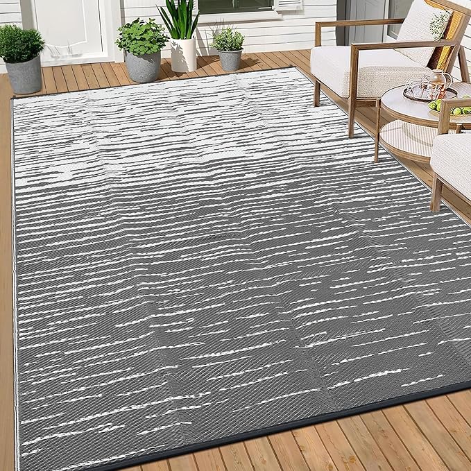 Outdoor Rug 8x10 Waterproof Patio Rugs Abstarct Line Reversible Mat for Front Door Rv Foldable Plastic Straw Carpet for Travel Trailers, Deck, Picnic, Porch, Camper, Balcony, Beach，Grey
