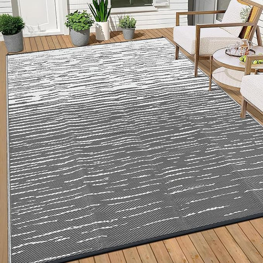 9x12 Outdoor Rug Waterproof Foldable Plastic Straw Carpet for Patio Porch Abstarct Line Reversible Mat Lightweight Floor Mat for Picnic, Backyard, Rv, Beach, Deck, Camper, Balcony，Grey