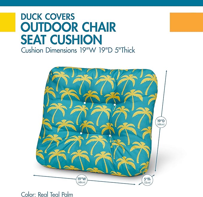 DUCKCOVERS® Water-Resistant Indoor/Outdoor Seat Cushions, 19 x 19 x 5 Inch, 2 Pack, Real Teal Palm