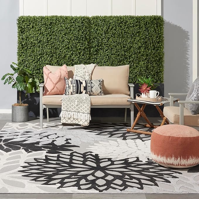 Nourison Home Aloha Indoor/Outdoor Black White 7' x 10' Area Rug, Tropical, Botanical, Easy Cleaning, Non Shedding, Bed Room, Living Room, Dining Room, Deck, Backyard, Patio (7x10)