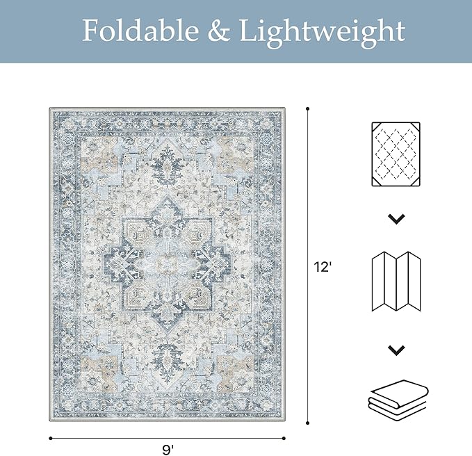 GENIMO Outdoor & Indoor Area Rug 9'x12', Waterproof, Non-Shedding, Easy Cleaning, Boho Mat for Patio, Living Room, Balcony, Dining Room, RV, Deck, Bedroom, Camping, Outside Carpet,Blue