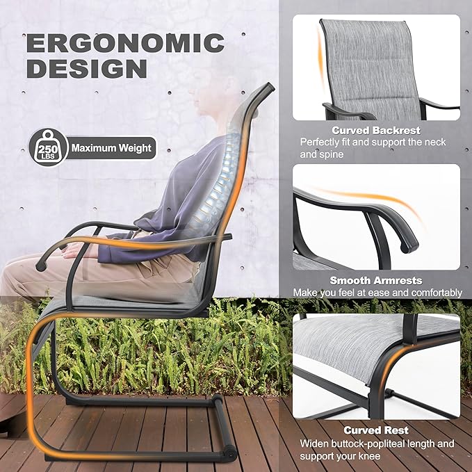 NUU GARDEN Patio Dining Chairs Set of 4, All Weather Outdoor Padded Textilene Patio Chairs, Breathable Spring Motion Textile High Back Outdoor Dining Chairs for Backyard, Lawn, Deck, Grey
