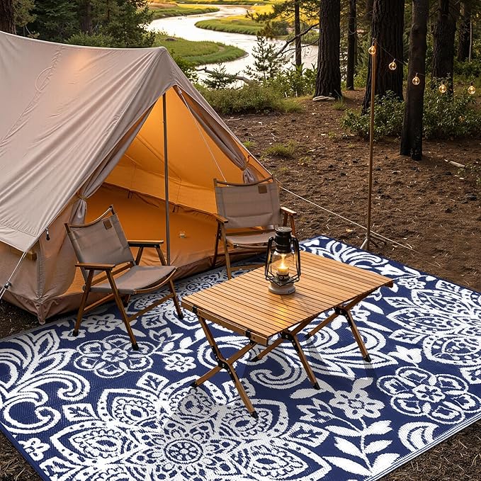 Findosom Waterproof Outdoor Rug 5' x 8' - Reversible Mandala Outdoor Plastic Straw Rug, Durable Foldable Patio Rug for RV, Deck, Balcony, Backyard, Picnic, Porch, Camping, Beach, Navy