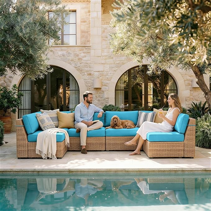 Outdoor Replacement Cushions for Patio Furniture, 5" Foam High-Density, 14-Piece Water-Resistant Outdoor Cushion for 6-Seat Sectional Patio Conversation Sets, Liner&Cover