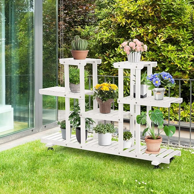 Giantex Rolling Flower Rack Wood Plant Stand on Wheels 6 Wood Shelves 12 Pots Bonsai Display Shelf Indoor Outdoor Yard Garden Patio Balcony Living Room Storage Rack Bookshelf Hollow Shelves (White)