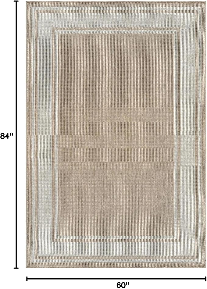 Beverly Rug Outdoor Rug 5x7 Modern Bordered Area Rugs for Indoor and Outdoor Patio Deck Porch Garden Waterproof Weather Sun Resistant Washable Outside Carpet (5 x 7 Beige)