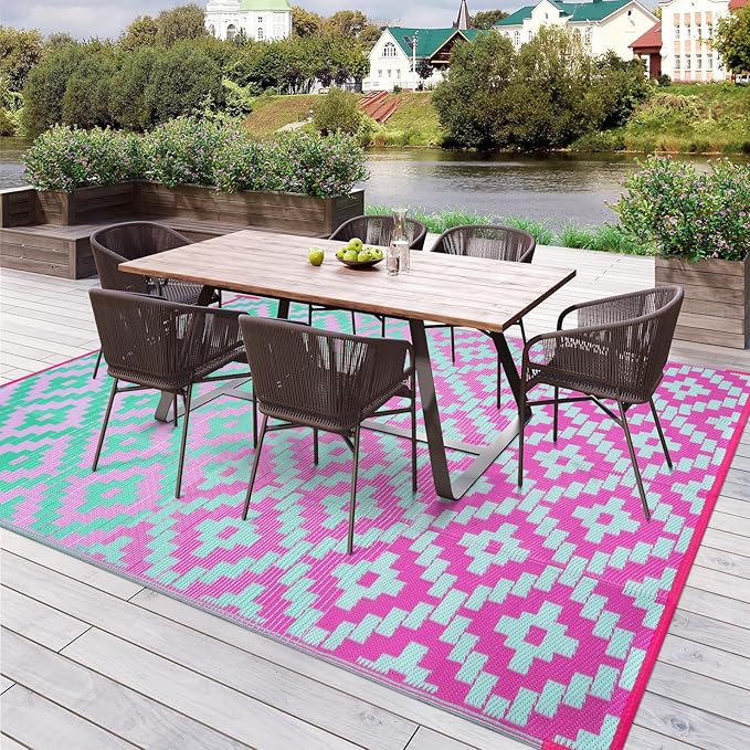 Wonnitar Outdoor Rug 9x12 Waterproof Reversible Plastic Straw Rug for Patio Clearance, Modern Outside Area Rug RV Rug for Camping, Indoor Outdoor Portable Mat for Deck Balcony Porch, Green/Pink