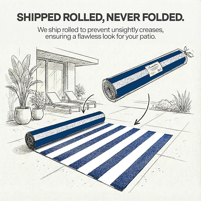 FH Home Outdoor Rug - Waterproof, Fade Resistant, Reversible - Premium Recycled Plastic - Striped - Large Patio, Deck, Sunroom, Camping, RV - Brittany Stripe - Blue & White Crease Free - 6 x 9 ft