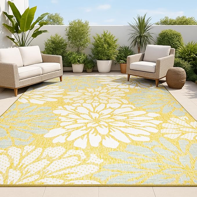 JONATHAN Y Floral Textured Weave Indoor Outdoor Area Rug 4X6 Yellow/Cream, Zinnia Modern for Backyard, Patio, Porch, Easy-Cleaning, High Traffic, Pet-Friendly, Non-Shedding (SMB110G-4)