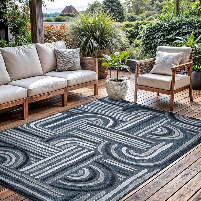 CAMILSON Indoor Outdoor Rug, Navy Blue 10x14 Geometric Arch Striped Large Area Rugs for Patio and Home Areas, Easy-Cleaning Non-Shedding Living Room, Garden and Deck Washable Outside Carpet 10 x 14