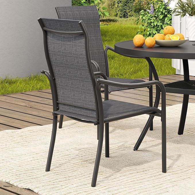 VICLLAX Patio Stackable Dining Chairs Set of 2, Outdoor Sling Chairs with Breathable Fabric and High Back for Balcony Porch Backyard, Dark Grey