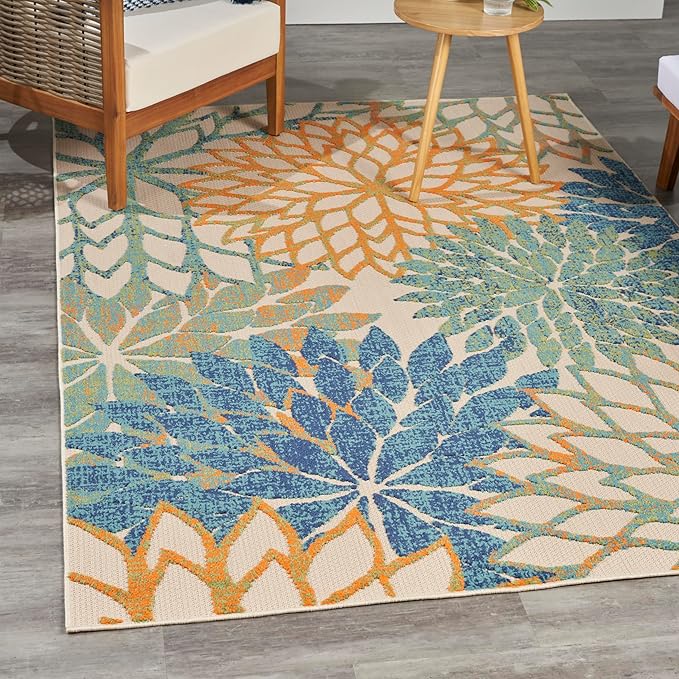 Nourison Home Aloha Indoor Outdoor Blue Green 6' x 9' Area Rug, Easy Cleaning, Non Shedding, Bed Room, Living Room, Dining Room, Backyard, Deck, Patio (6x9)