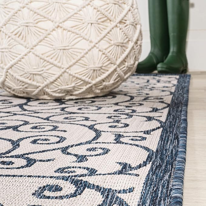 JONATHAN Y Vintage Filigree Indoor Outdoor Square Area Rug 5X5 Blue/Cream, Madrid Textured Weave for Backyard, Patio, Porch, Easy-Cleaning, High Traffic, Pet-Friendly, Non-Shedding (SMB107F-5SQ)