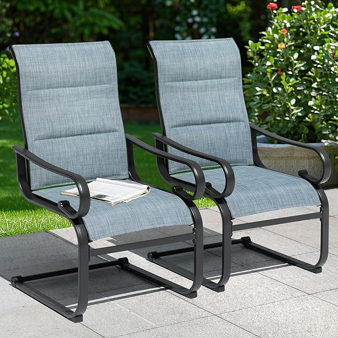 NUU GARDEN Set of 2 Padded Textilene Patio Dining Chairs C Spring Outdoor Chairs with Curved Armrests Powder Coated Metal Frame Patio Furniture for Garden Backyard Poolside Lawn Blue and Black