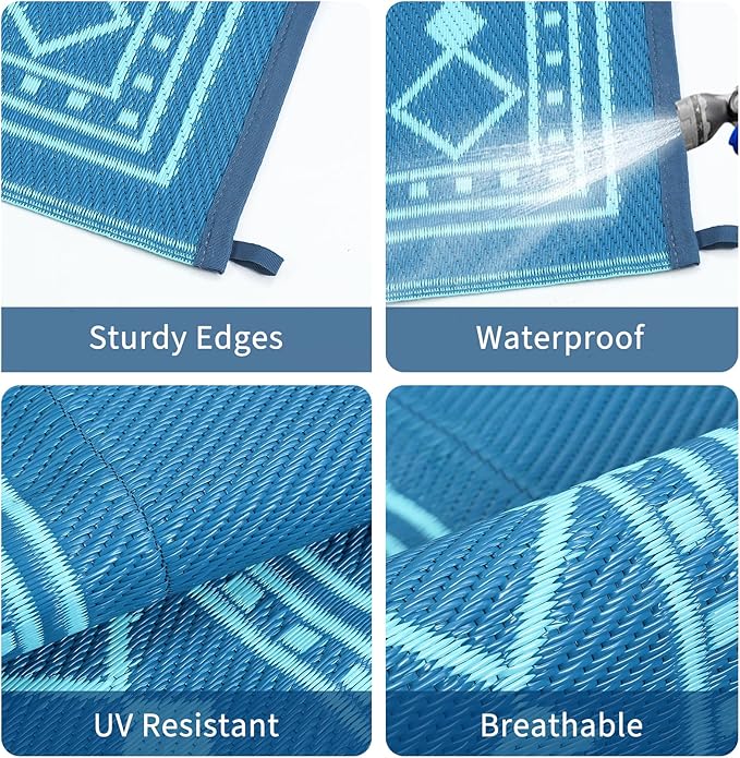 Garvee Outdoor Rug 8x10, Patio Rug Waterproof Plastic Straw Waterproof Reversible Patio Mat, Plastic Straw Rug for RV, Camping, Deck, Balcony, Easy Clean & Portable,Green/Blue