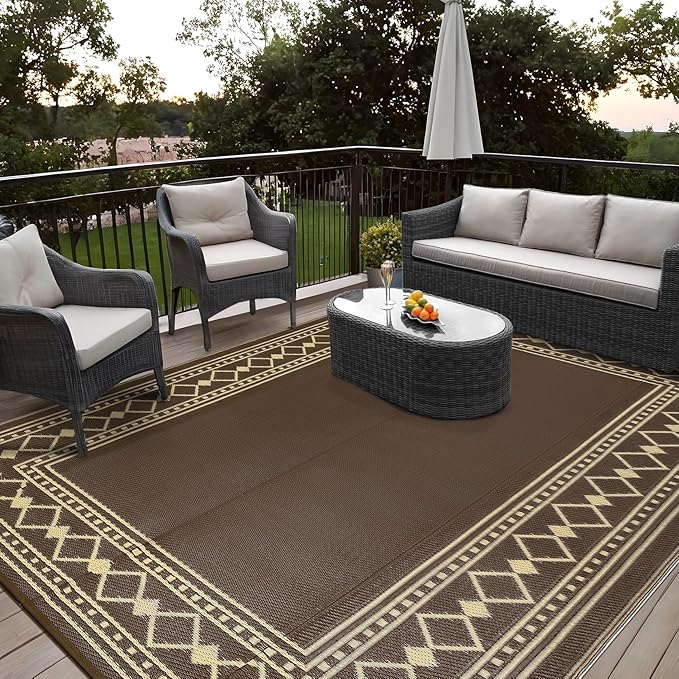 Garvee Outdoor Rug 10x14 for Patios Clearance,Waterproof Mat,Large Outside Carpet,Reversible Plastic Straw Camping Rugs,Porch,Deck,Balcony,Backyard,Brown/Coffee