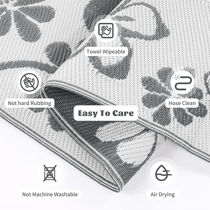 Ileading Outdoor Plastic Straw Rug 5x8ft Funny Floral Style Reversible Patio Area Rugs Waterproof Non Shedding Portable Carpets for Rv Outside Deck Pool Beach Picnic Camping (Grey)