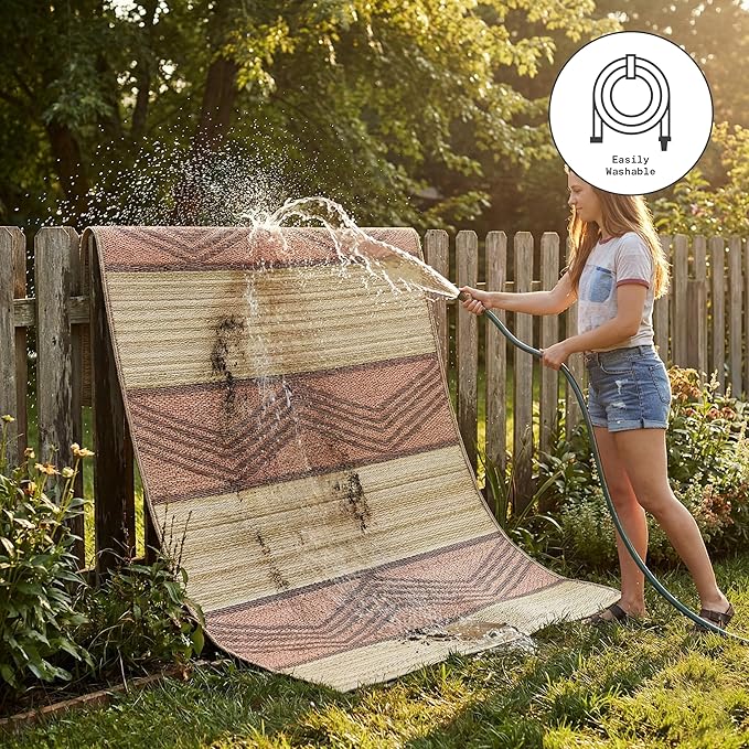 Fab Habitat Outdoor Rug - Waterproof, Fade Resistant, Crease-Free - Premium Recycled Plastic - Tribal Boho - Porch, Deck, Balcony, Mudroom, Laundry Room, Patio - Lagos - Sand & Coral - 3 x 5 ft
