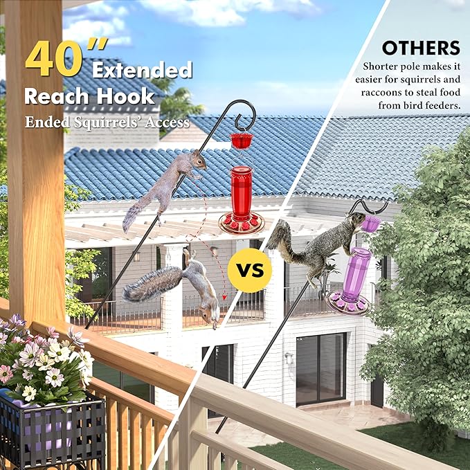 iBorn Wall Mount Deck Hook, 40" Squirrel Proof Bird Feeder Pole, Heavy Duty Extended Reach Wall Mounted Deck Hook Wall Pole, 180° Rotatable Arm, Solid Wire, Pack of 2
