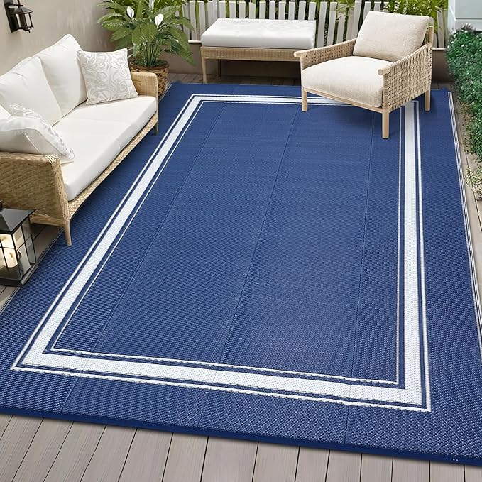 COZYLOOM Large Outdoor Rug 9x18 Waterproof Plastic Straw Rug for Patio, Reversible Modern Bordered Camping Mat with Portable Bag & Stakes, Foldable & UV Resistant, Outdoor Carpet for Yard Deck, Navy