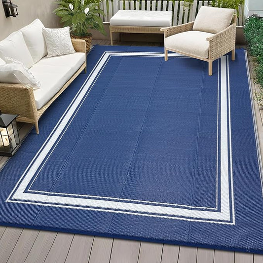 COZYLOOM Outdoor Rugs 9x12 UV Resistant Waterproof Patio Rug, Outdoor Plastic Straw Rug Reversible RV Camping Mat with Portable Bag & 4 Stakes, Modern Bordered Carpet for Balcony Deck Yard, Navy&White