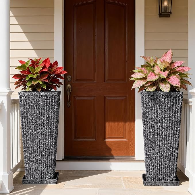 Tapered Tall Planters for Outdoor Plants 2 Pack- 23.6 Inch Heavy-Duty Classic Square Indoor Flower Pots with Drainage Holes/Partition/Tray, Large Outdoor Planters for Porch Patio, Gray