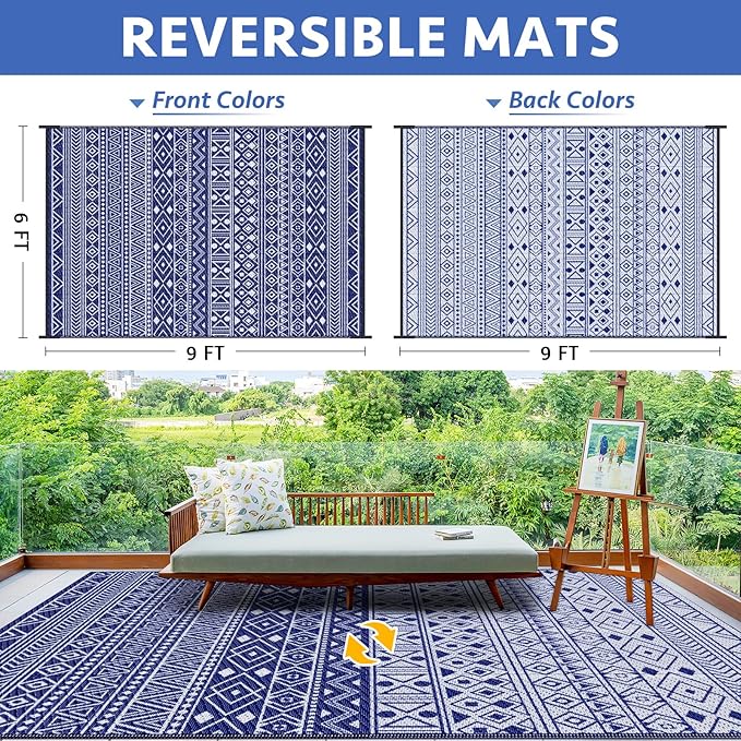 StepLively Outdoor Rug 6x9 ft, Reversible Waterproof Outdoor Plastic Straw Rug, Patio Rug Waterproof, Outdoor Large Area Rug for RV, Camping, Garden, Porch, All-Weather & Easy to Clean(Blue)