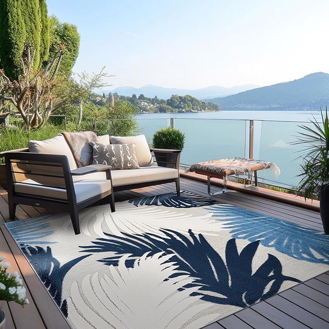 Rugshop Navy Lucca Contemporary Floral Indoor/Outdoor Square Area Rug Durable Polypropylene, Weather Resistant, Easy to Clean Perfect for Patio, Backyard, Deck and Outdoor Lounge 6'6" x 6'6" Square