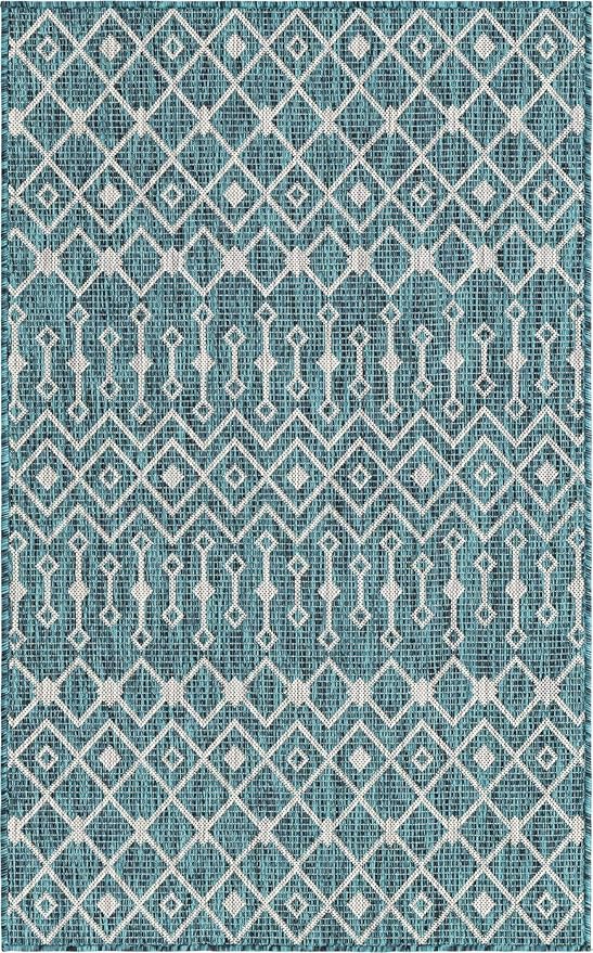Unique Loom Outdoor Trellis Collection Area Rug - Tribal Trellis (3' 3" x 5' 3" Rectangle, Teal/ Ivory)