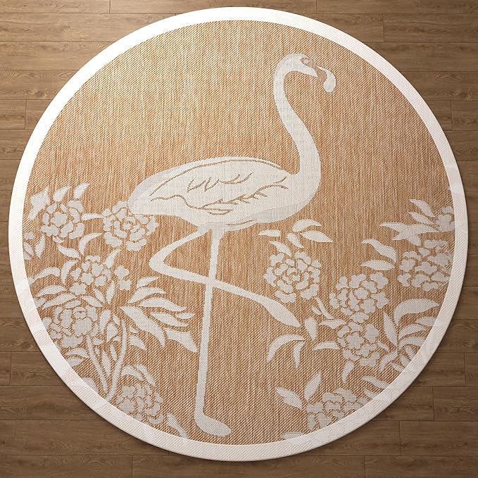 LR Home 8ft Round Indoor/Outdoor Area Rug for Home Decor | Flamingo Carpet for Living Room, Bedroom, Playroom, Patio, Garden | Tropical Farmhouse Rug | Beige/Tan