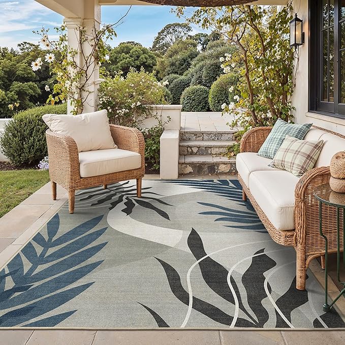 GENIMO Outdoor & Indoor Area Rug 4'x6', Waterproof, Non-Shedding, Easy Cleaning, Leaf Mat for Patio, Living Room, Balcony, Dining Room, RV, Deck, Bedroom, Camping, Outside Carpet, Blue Grey