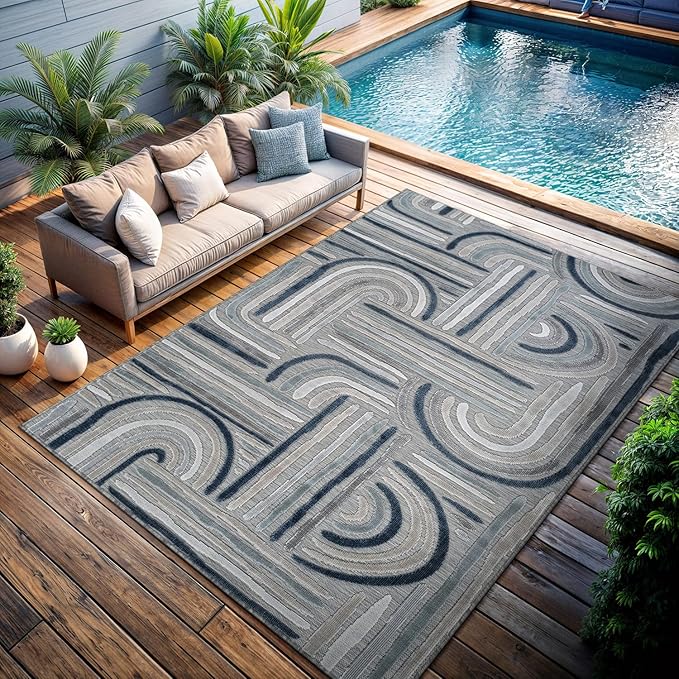 CAMILSON Indoor Outdoor Rug, Blue 10x14 Geometric Arch Striped Large Area Rugs for Patio and Home Areas, Easy-Cleaning Non-Shedding Living Room, Garden and Deck Washable Outside Carpet (10 x 14)