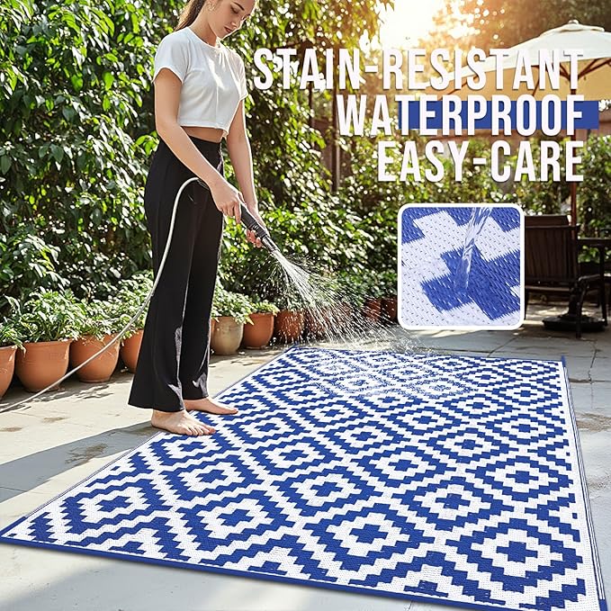 OLANLY Waterproof Outdoor Rug 10x14 ft, Outdoor Plastic Straw Rug for Camping, RV Mat Outside, Outdoor Carpet for Porch, Deck, Backyard, Balcony, Picnic, Blue & White
