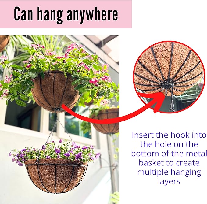 LaLaGreen Hanging Baskets for Outdoor Plants(6 Pack, 14 Inch) Large Hanging Planter with Coco Liner Round Flower Pots, Black Metal Wire Plant Holder Hook Hanger Deck Porch Modern Garden Balcony Decor