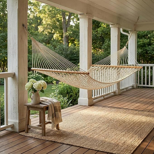Fab Habitat Rope Recycled Polyester Hammock - Miami - Natural - Indoor/Outdoor, Quick Dry, 2 Person 400 lbs Capacity - Patio, Poolside, Backyard, Garden, Beach, Balcony - 12-14 ft Adjustable