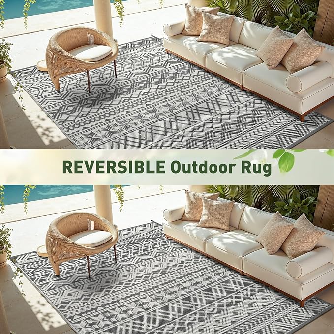 MontVoo Outdoor Rug Carpet Waterproof 9x12 Outdoor Patio Rug Mat Reverisble Plastic Straw Outdoor Rug for RV Camping Picnic Beach Balcony Boho Grey Large
