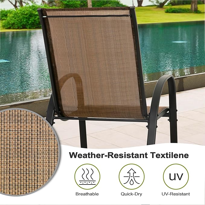 NUU GARDEN Set of 4 Patio Dining Chairs Outdoor Stackable Chairs with High Back All Weather Textilene Seats Metal Frame Breathable Garden Chairs for Deck Backyard Brown