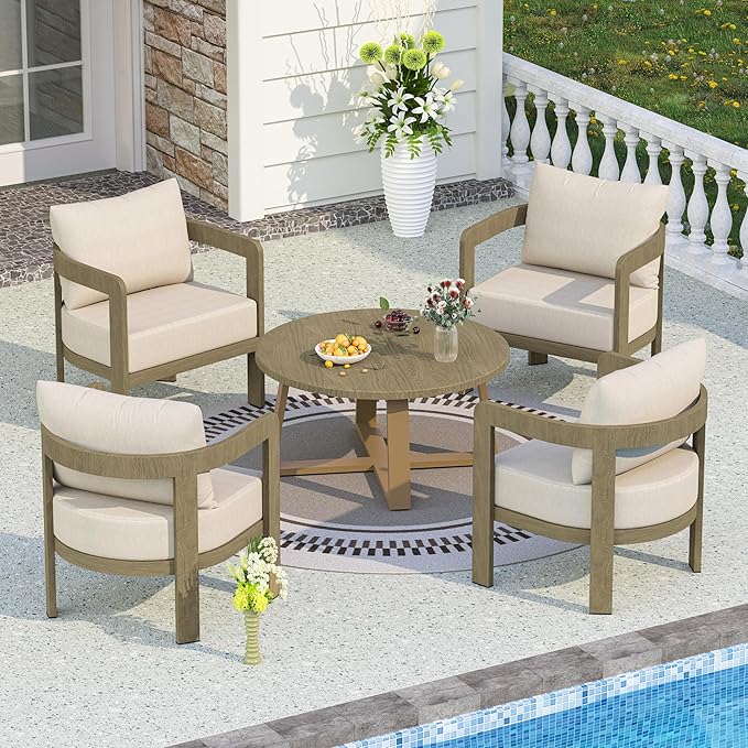 Indoor Round Coffee Table with 35.5” Woodgrain Finish Table Top, Outdoor Metal Modern Side Table 125lbs for Backyard Porch Balcony Living Room, Brown