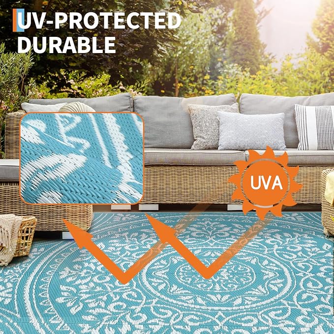 Outdoor Rug 8x10 Waterproof Patio Rugs Boho Floral Reversible Mat for Front Door Rv Foldable Plastic Straw Carpet for Travel Trailers, Deck, Picnic, Porch, Camper, Balcony, Beach，Light Blue