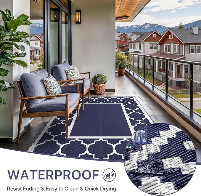 GENIMO 5' x 8' Outdoor Rug Waterproof for Patio Decor, Foldable Reversible Plastic Straw Area Rugs Mat for Camper, Outside Carpet for Rv, Deck, Porch, Picnic, Beach, Balcony, Blue & White