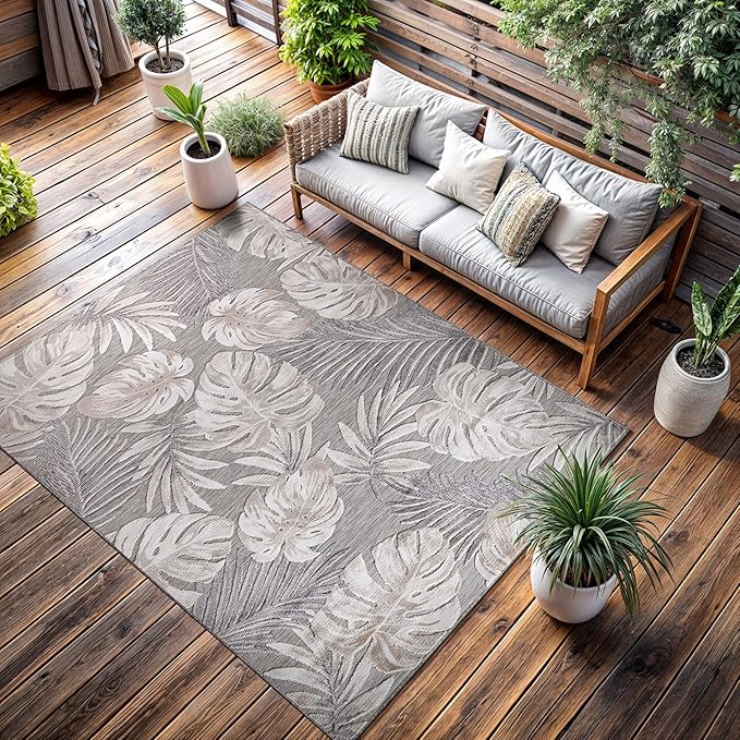 CAMILSON Indoor Outdoor Rug, Beige 9’x12’ Leaf Tropical Botanical Area Rugs for Indoor and Outdoor patios, Easy-Cleaning Non-Shedding Living Room, Garden and Kitchen Washable Outside Carpet (9x12)