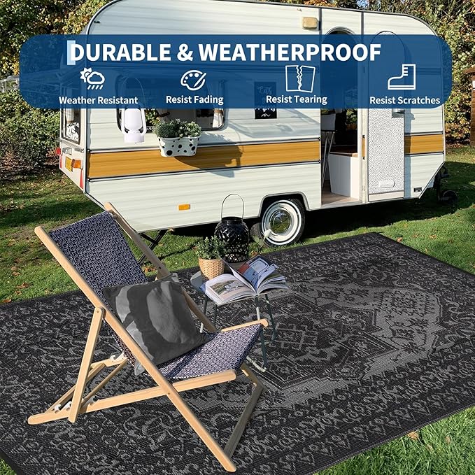 COZYLOOM Outdoor Patio Rugs 8x10 Waterproof Reversible Plastic Straw Mat, Large Vintage Medallion Boho Area Rug Indoor Outdoor Rugs for Deck, Balcony, Pool, Camping, Beach, Picnic, Porch, RV