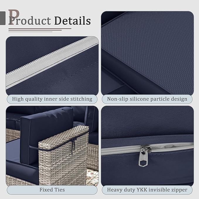 Outdoor Cushions for Patio Furniture with 5 Pillows, Waterproof Patio Furniture Cushions Replacement, 4" Deep Seat Outdoor Sectional Cushions for 4-seat Patio Furniture Chair Sofa Couch,Navy Blue